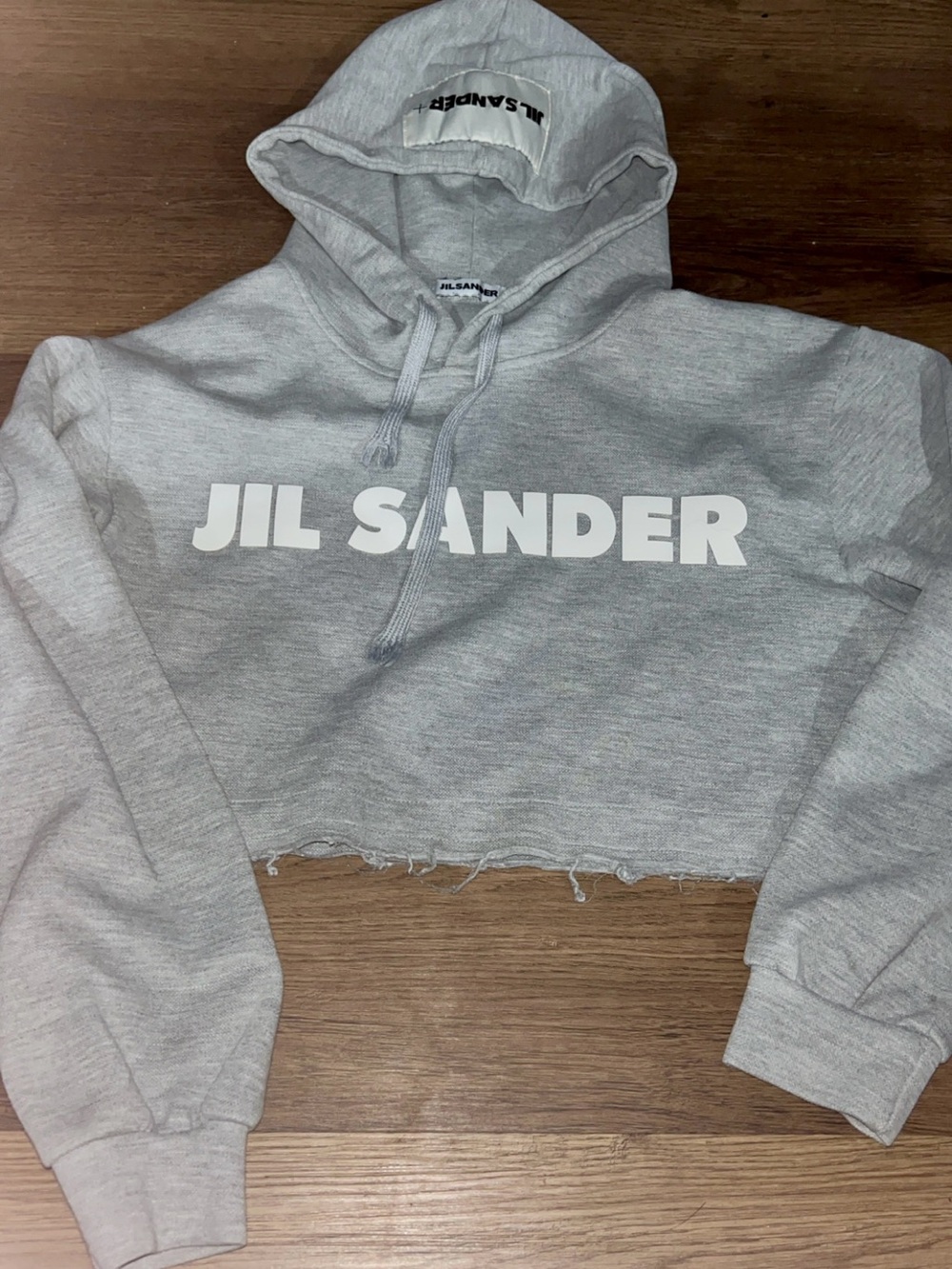 Jil Sander Light Gray Cropped Hoodie with White Logo